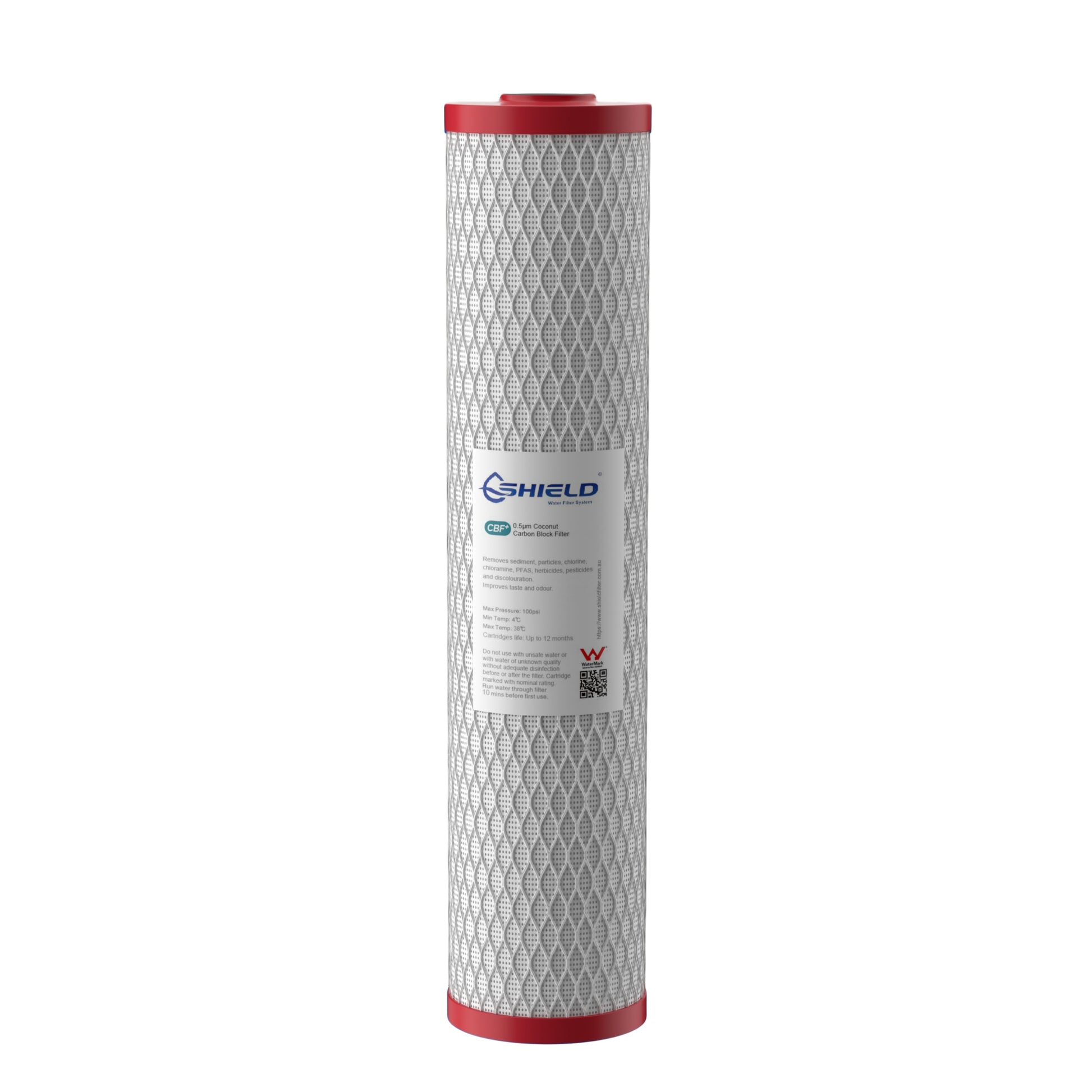 0.5 Micron Chloramine PFAS Removal Carbon Block Water Filter Cartridge | 20” x 4.5” Universal Replacement for Whole House Filtration Systems - Shield Water Filter