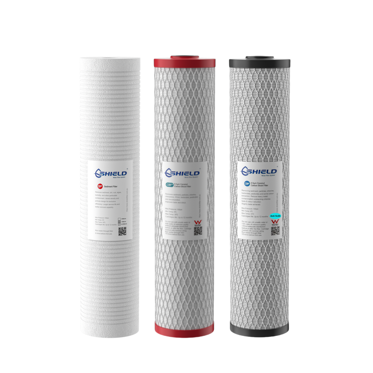 20” x 4.5”  PFAS Chloramine Scale Whole House Water Filter Cartridges | 3-Stage Sediment Carbon | Ideal for Heavy Chlorine Hard Water - Shield Water Filter