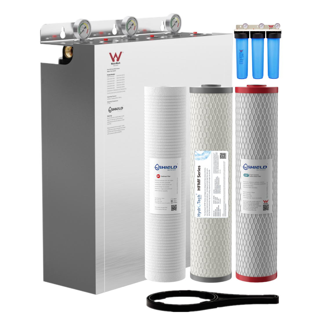 Triple Whole House Water Filter System | Stainless Steel Cover | PFAS Cyst Scale Chlorine Fluoride Lead Removal | WaterMark Certified | 20” x 4.5” Wall Mount - Shield Water Filter
