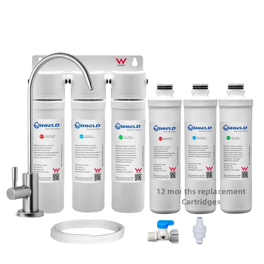 Shield Triple Undersink Alkaline Water Filter System + Extra Replacement Cartridges WaterMark Certified