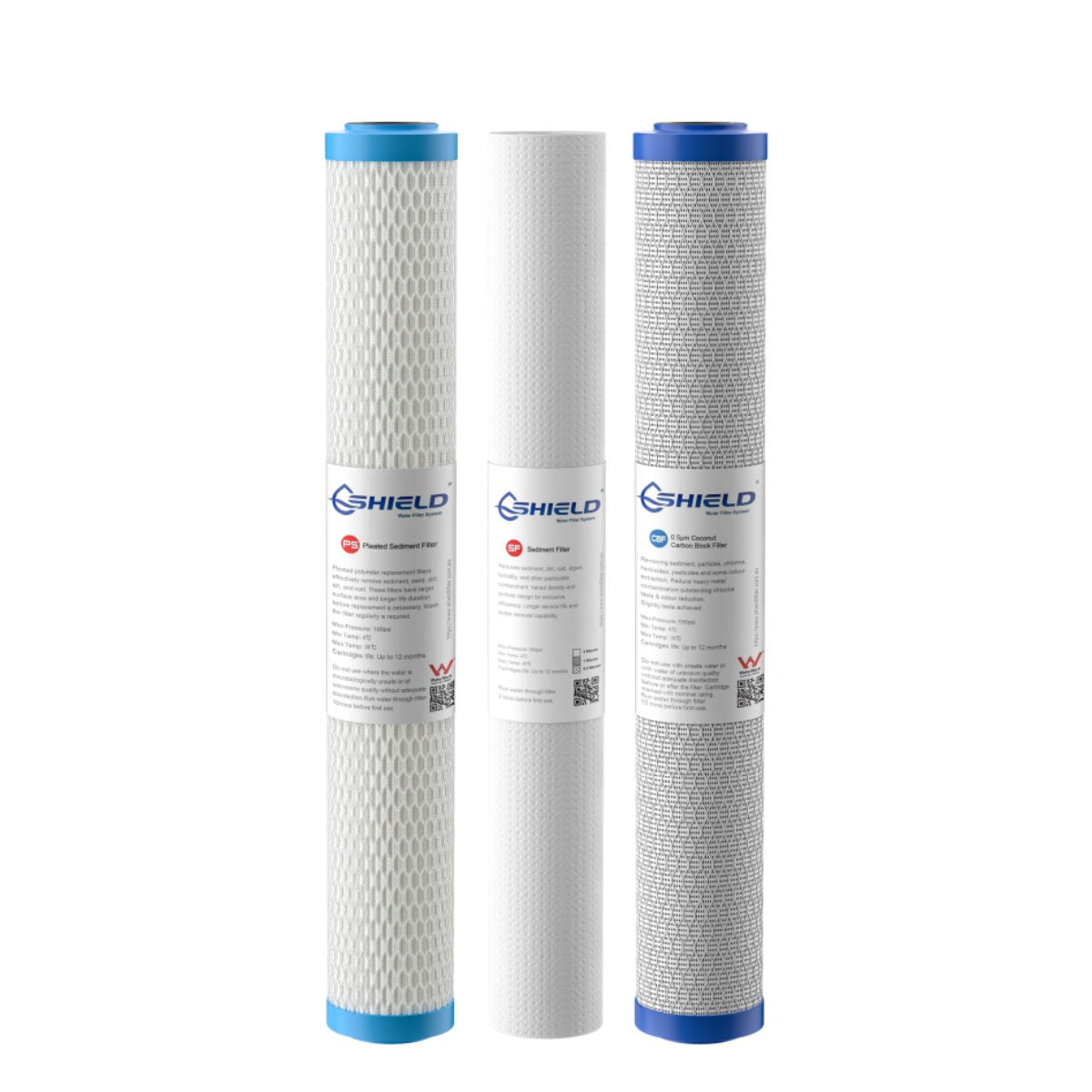 20” x 2.5” Whole House Water Filter Cartridges | 3-Stage Replacement | 5 Micron Pleated Washable Sediment 0.5 Micron Coconut Carbon - Shield Water Filter
