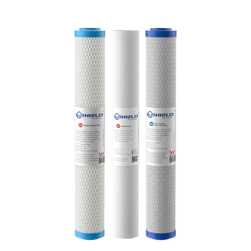 20” x 2.5” Whole House Water Filter Cartridges | 3-Stage Replacement | 5 Micron Pleated Washable Sediment 0.5 Micron Coconut Carbon - Shield Water Filter