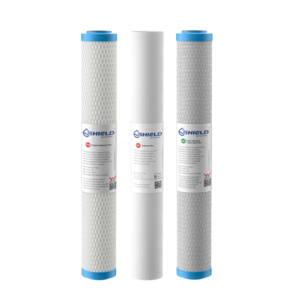 20” x 2.5” Whole House Water Filter Cartridges | 3-Stage Replacement |Washable Pleated Sediment 0.5 Micron Silver Antibacterial Coconut Carbon - Shield Water Filter