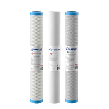 20” x 2.5” Whole House Water Filter Cartridges | 3-Stage Replacement |Washable Pleated Sediment 0.5 Micron Silver Antibacterial Coconut Carbon - Shield Water Filter