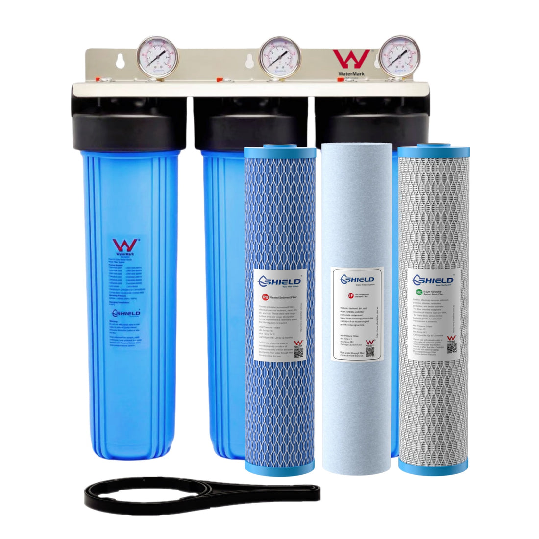 20” x 4.5” Whole House Triple Big Blue Water Filter System Antibacterial Cartridges | WaterMark Certified | 3-Stage Wall Mount | Ideal for Tank Water - Shield Water Filter