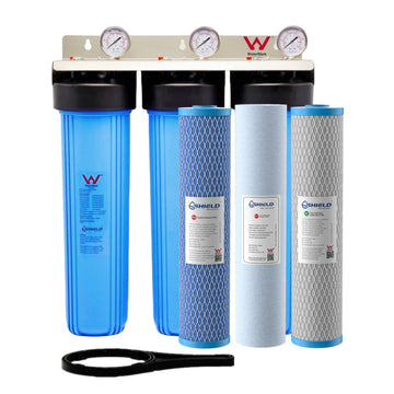 20” x 4.5” Whole House Triple Big Blue Water Filter System Antibacterial Cartridges | WaterMark Certified | 3-Stage Wall Mount | Ideal for Tank Water - Shield Water Filter