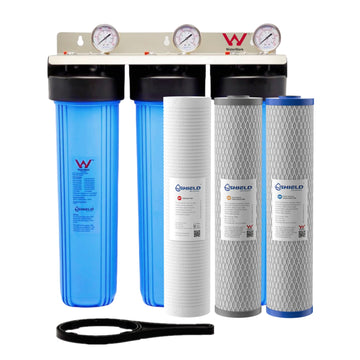 20” x 4.5” Whole House Triple Big Blue Water Filter System | WaterMark Certified | 3-Stage Wall Mount | Ideal for Heavy Chlorine Water - Shield Water Filter