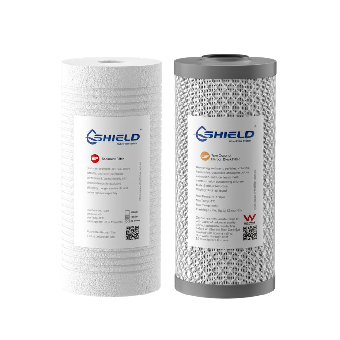 5 Micron Sediment 1 Micron Coconut Carbon Block Water Filter Cartridges | 10” x 4.5” Universal Replacement for 2-Stage Whole House Filtration Systems - Shield Water Filter