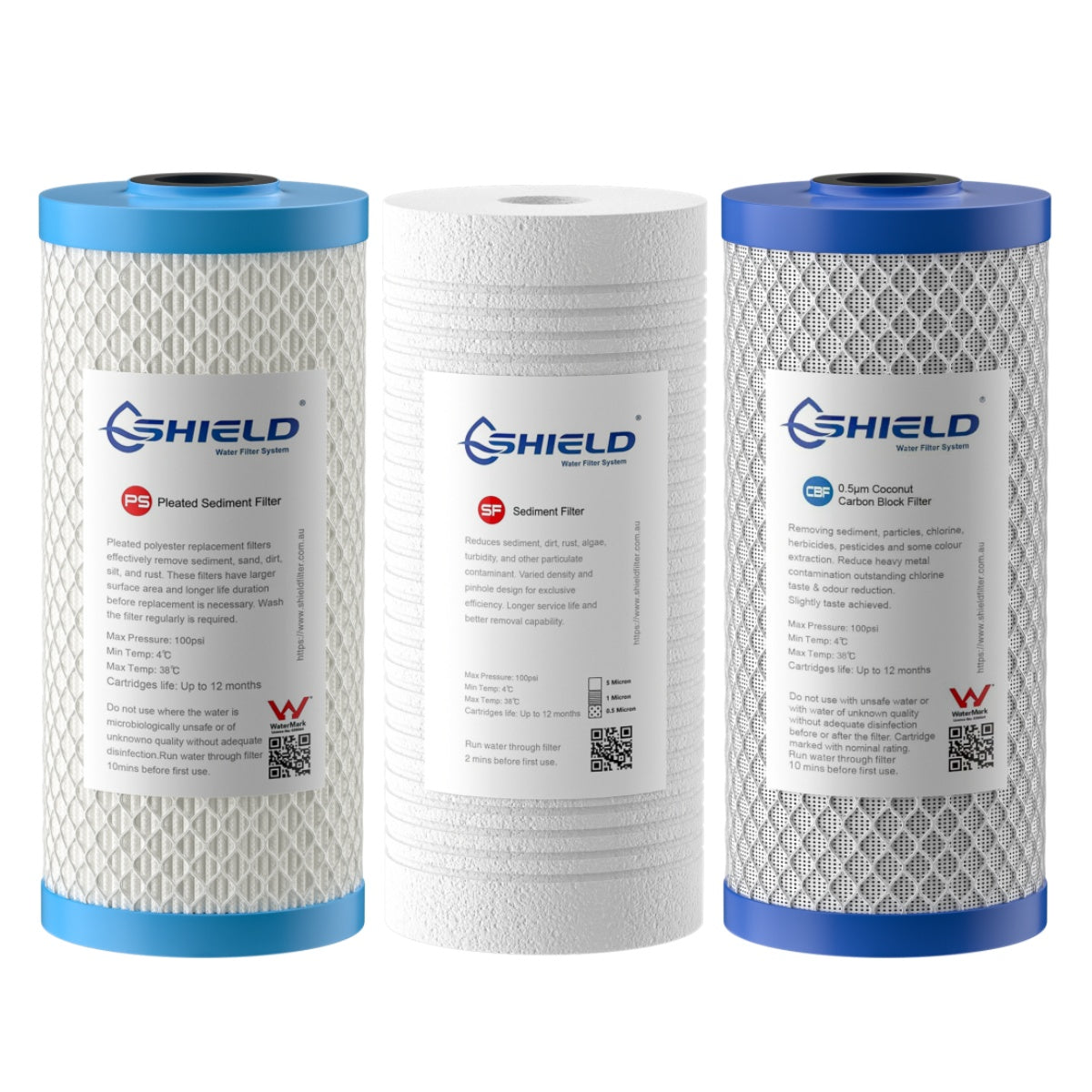 Pleated Washable Sediment & Coconut Carbon Block Water Filter Cartridges | 10” x 4.5” Universal Replacement for 3-Stage Whole House Filtration System - Shield Water Filter