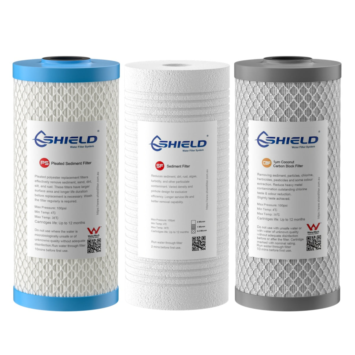 Pleated Washable Sediment & Coconut Carbon Block Water Filter Cartridges | 10” x 4.5” Universal Replacement for 3-Stage Whole House Filtration Systems | Low Pressure - Shield Water Filter