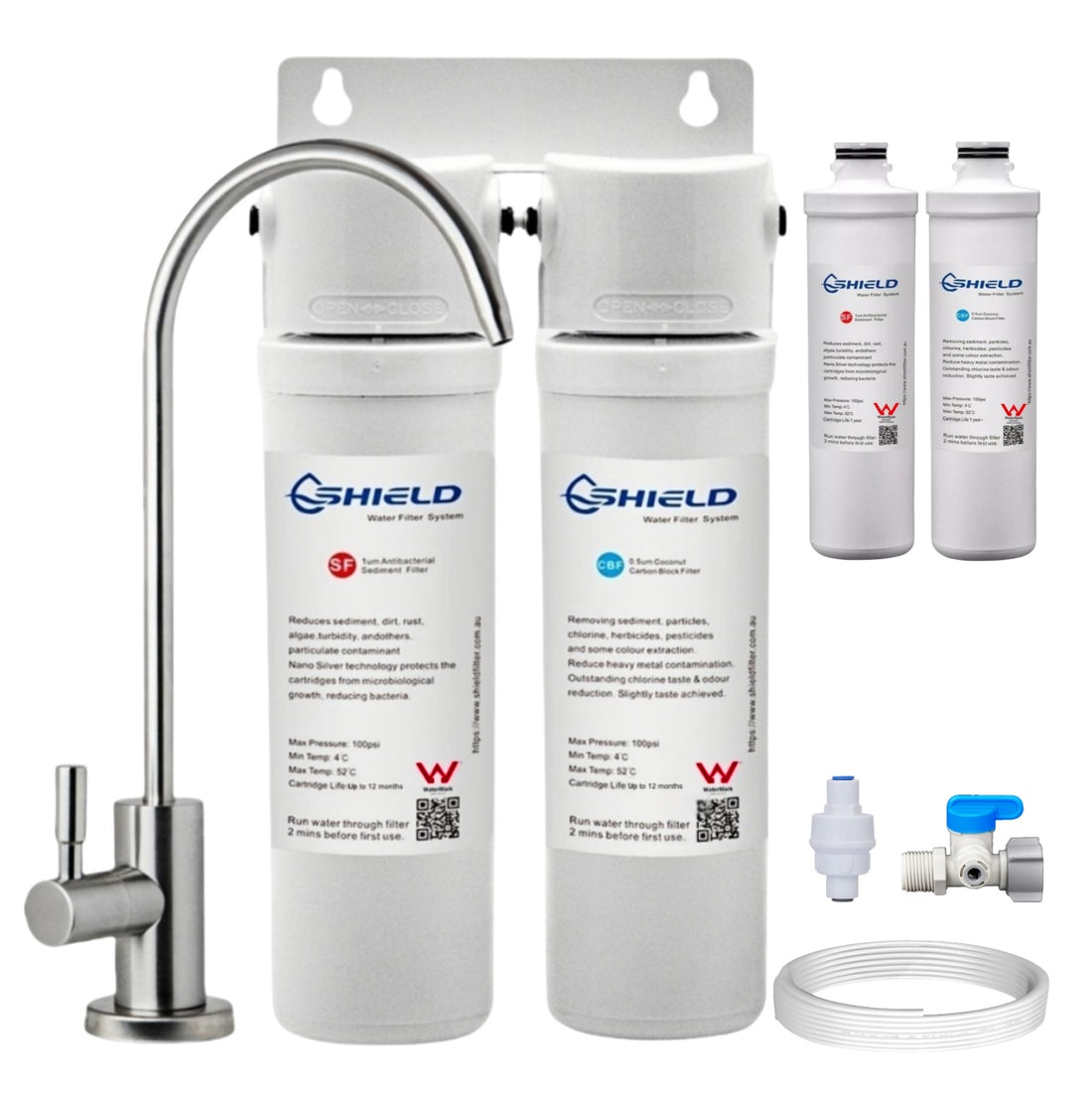 Undersink Twin Water Filter System + Extra Cartridges | WaterMark Certified Australian Standard | 2-Stage Quick Change - Shield Water Filter