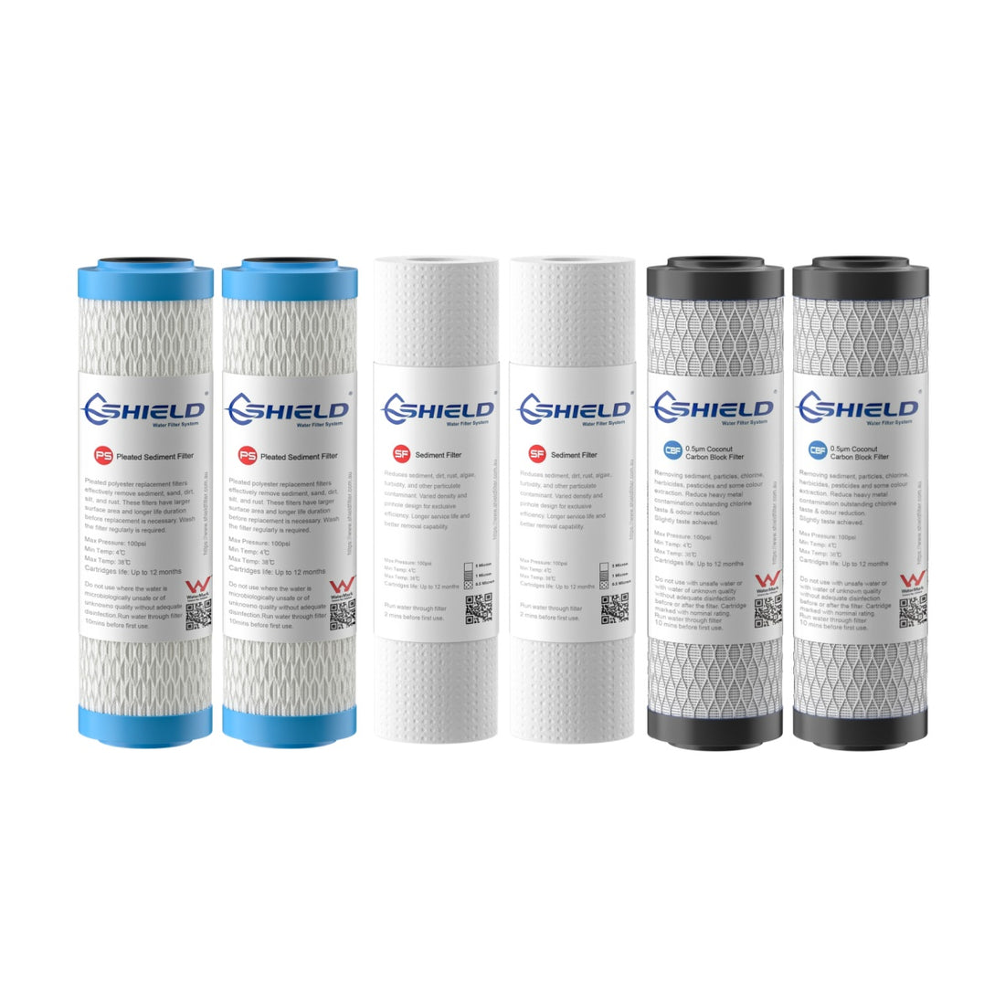 Washable Pleated Sediment & Coconut Carbon Block Water Filter Cartridges | 10” x 2.5” Universal Replacement for Triple Undersink Systems - 2 Pack - Shield Water Filter