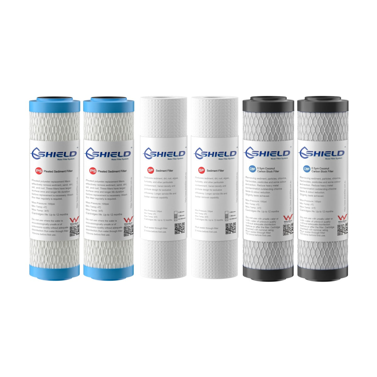 Washable Pleated Sediment & Coconut Carbon Block Water Filter Cartridges | 10” x 2.5” Universal Replacement for Triple Undersink Systems - 2 Pack - Shield Water Filter