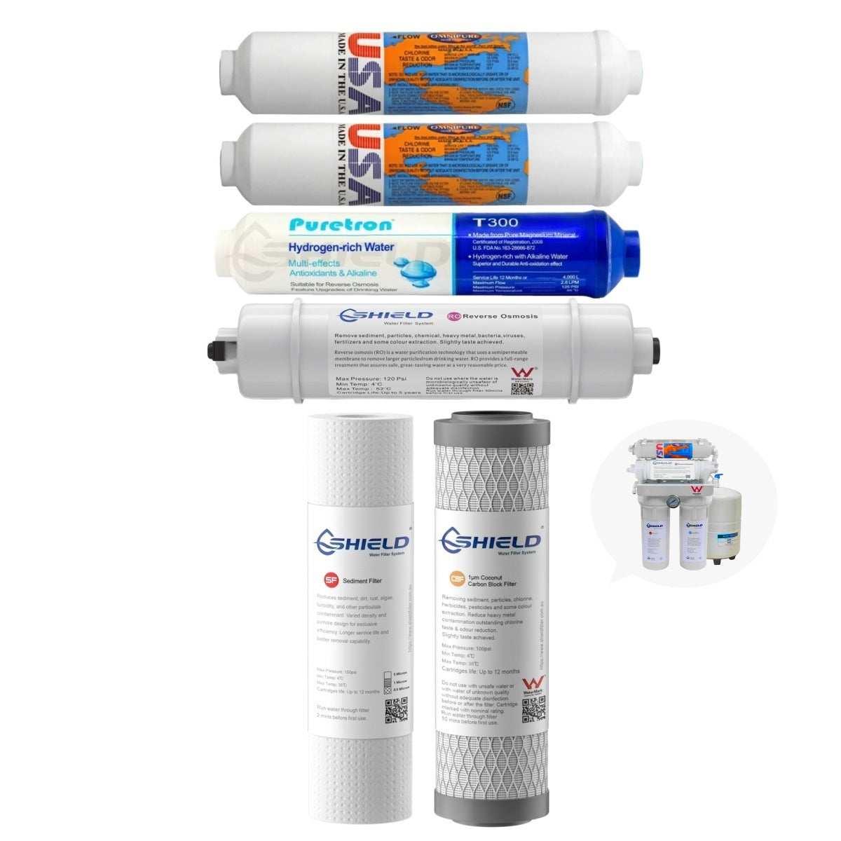 Shield 7-Stage Reverse Osmosis Water Filter Replacement Pack | Undersink Magnetic Hydrogen Akaline RO System Cartridges - Shield Water Filter