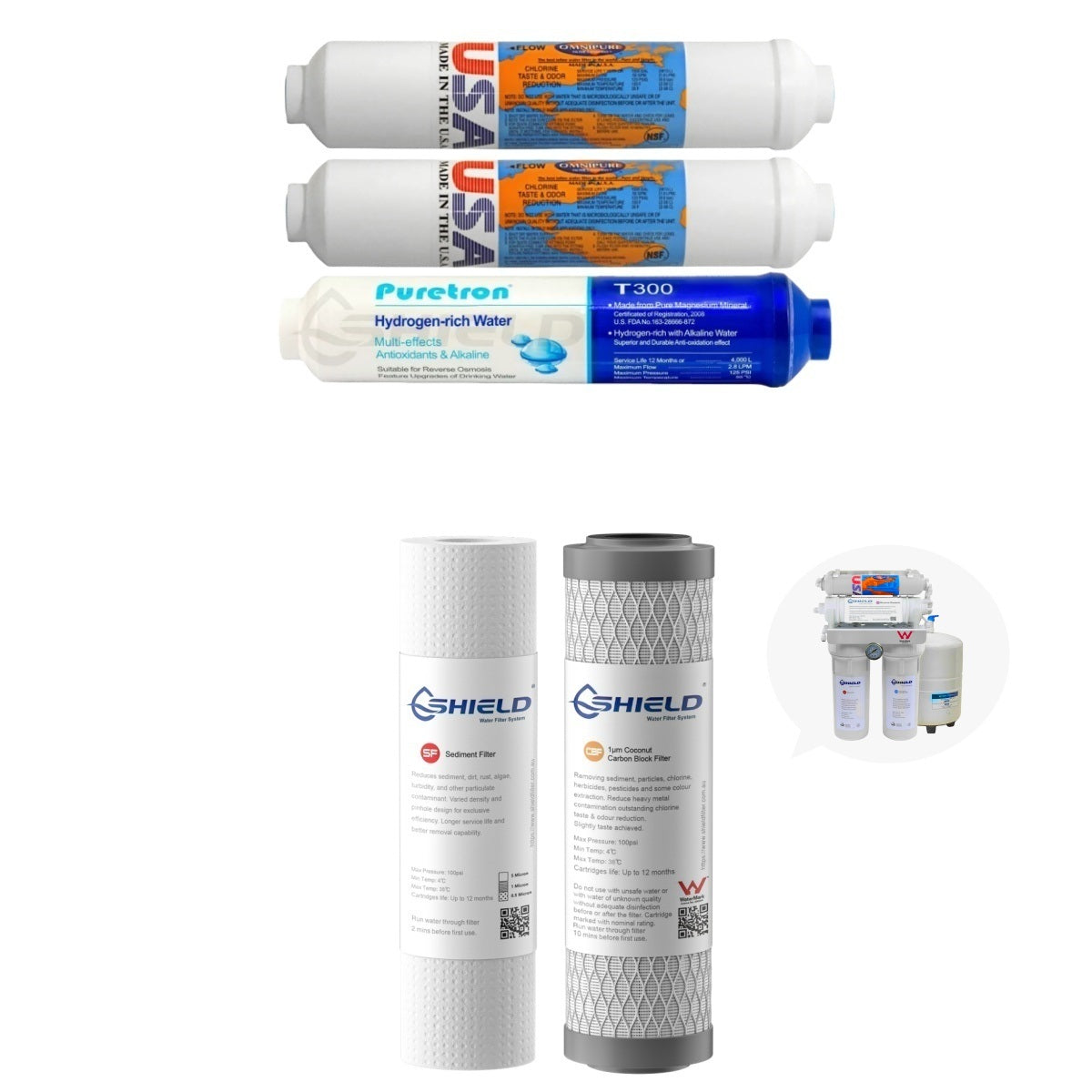 Shield 7-Stage Reverse Osmosis Water Filter Replacement Pack | Undersink Magnetic Hydrogen Akaline RO System Cartridges - Shield Water Filter