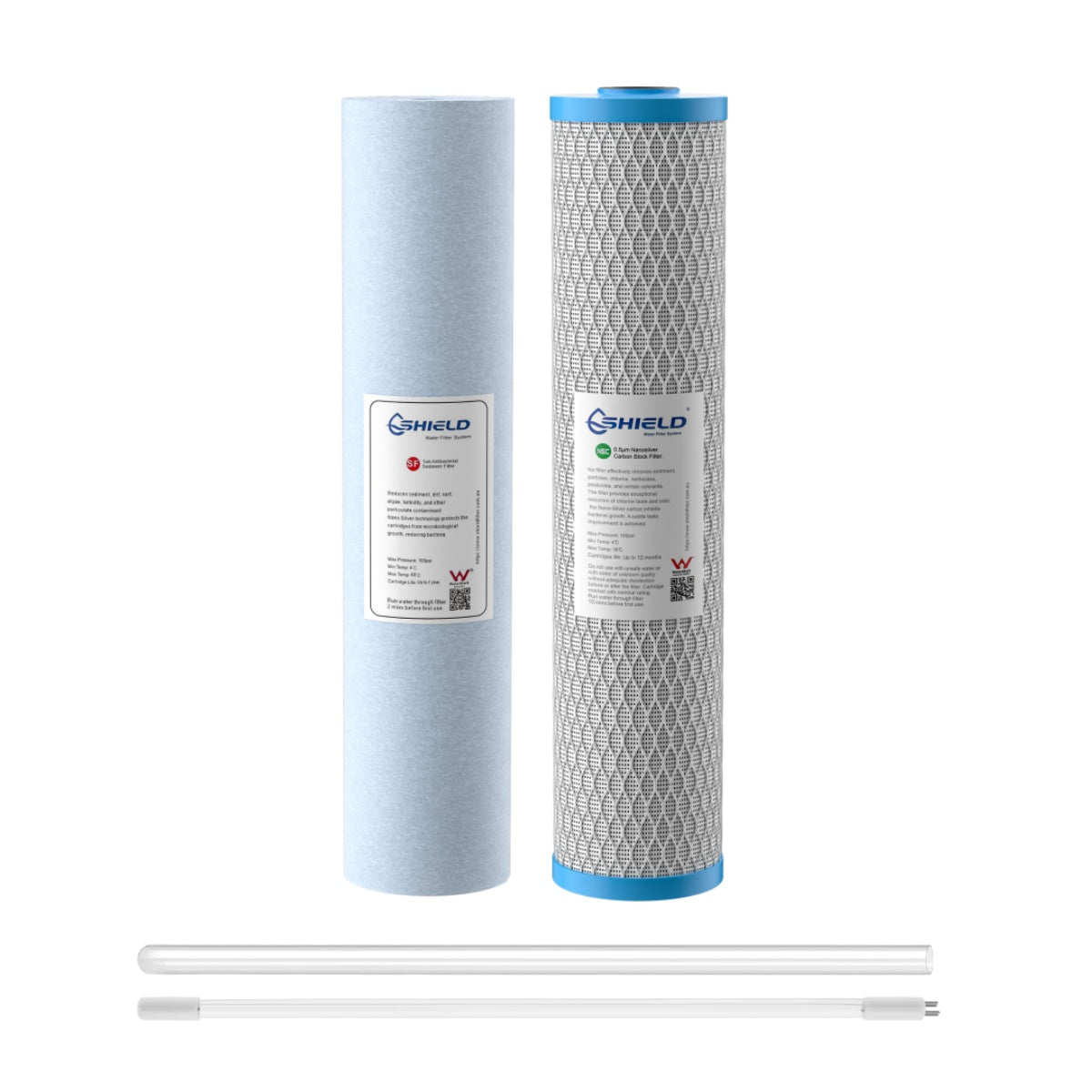Sediment Carbon Cartridge UV Lamp Quartz Tube | 20" x 4.5" Whole House Filter System Replacement | 2-Stage - Shield Water Filter