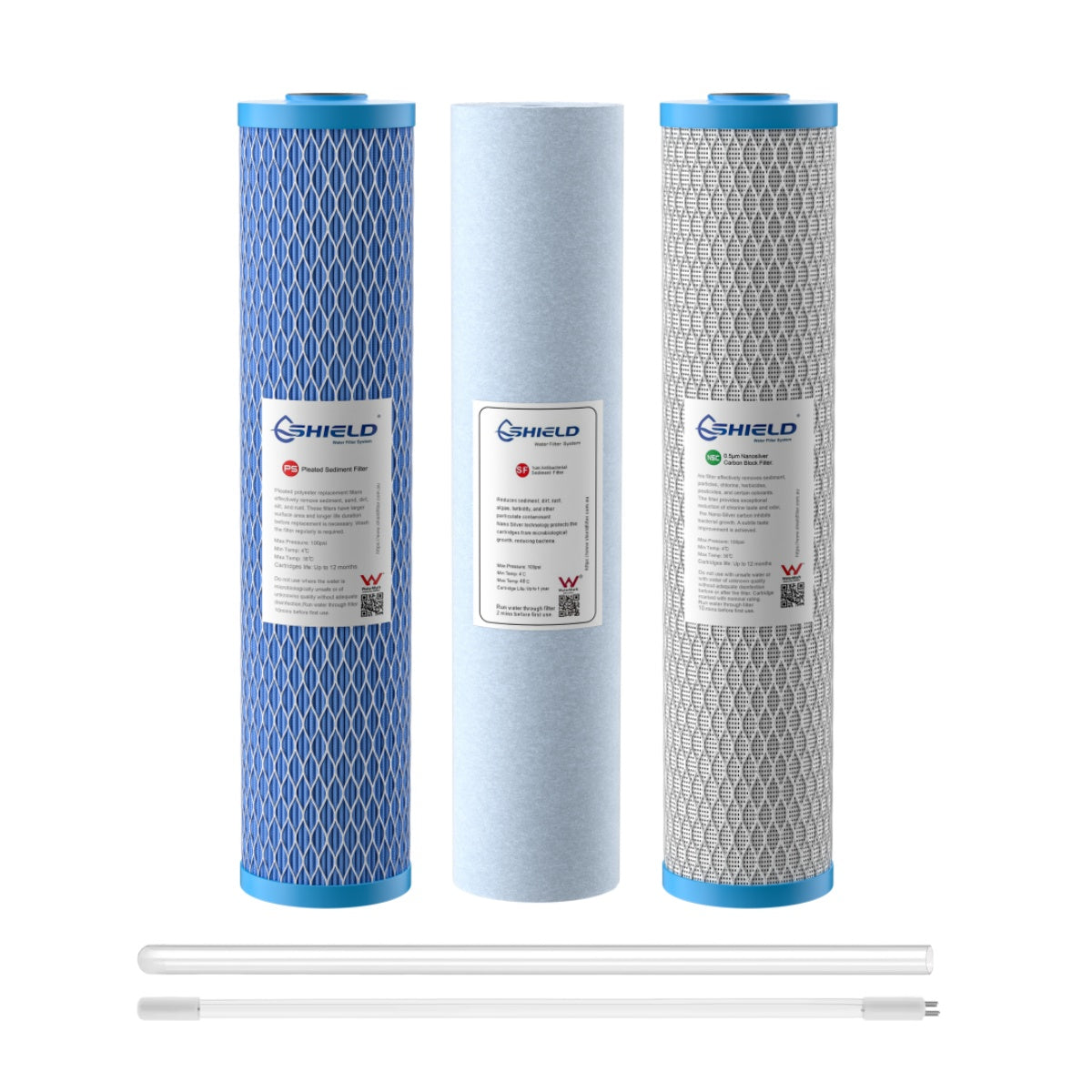 Sediment Carbon Cartridge UV Lamp Quartz Tube | 20" x 4.5" Whole House Filter System Replacement | 3-Stage - Shield Water Filter