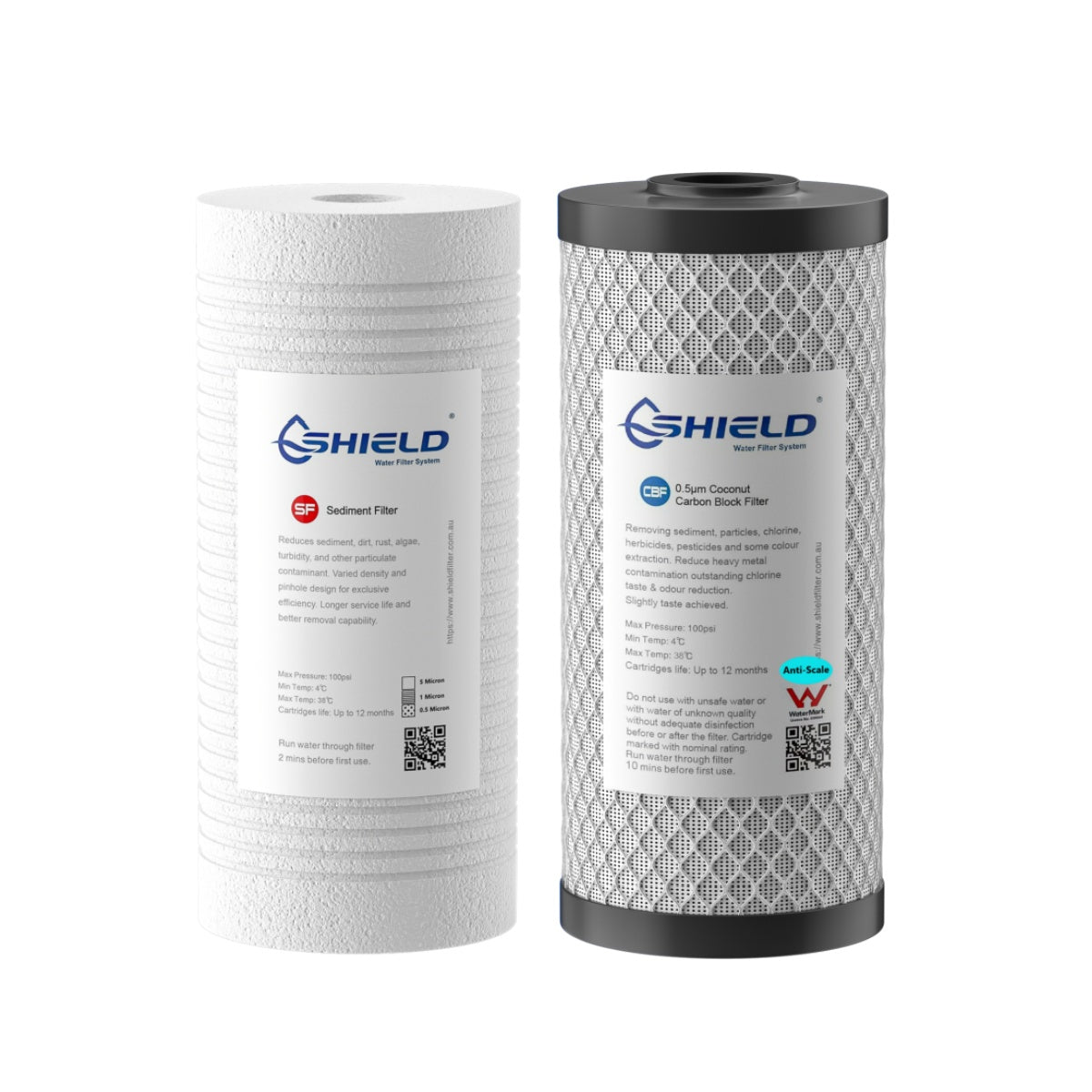 10” x 4.5” Whole House Filter Cartridges | 1µm Sediment + 0.5µm Anti-Scale Coconut Carbon Block | Universal 2-Stage Replacement | For Hard Water - Shield Water Filter