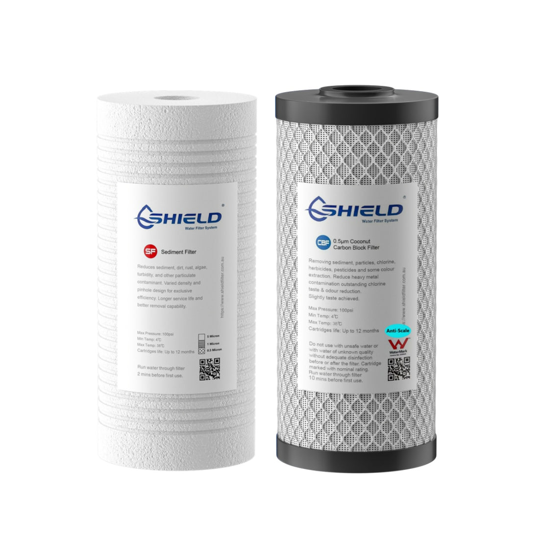 10” x 4.5” Whole House Filter Cartridges | 1µm Sediment + 0.5µm Anti-Scale Coconut Carbon Block | Universal 2-Stage Replacement | For Hard Water - Shield Water Filter