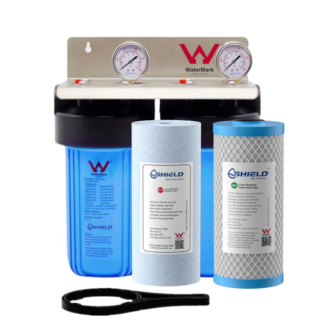 10” x 4.5” Whole House Twin Water Filter System Antibacterial Cartridges | WaterMark Certified | 2-Stage Wall Mount | Ideal for Tank Water - Shield Water Filter