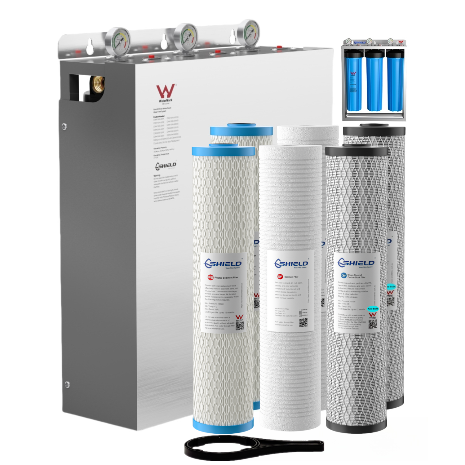 20” x 4.5” Whole House Triple Water Filter System | Free-Standing | Stainless Steel Cover | WaterMark Certified | Heavy Sediment Hard Water - Shield Water Filter