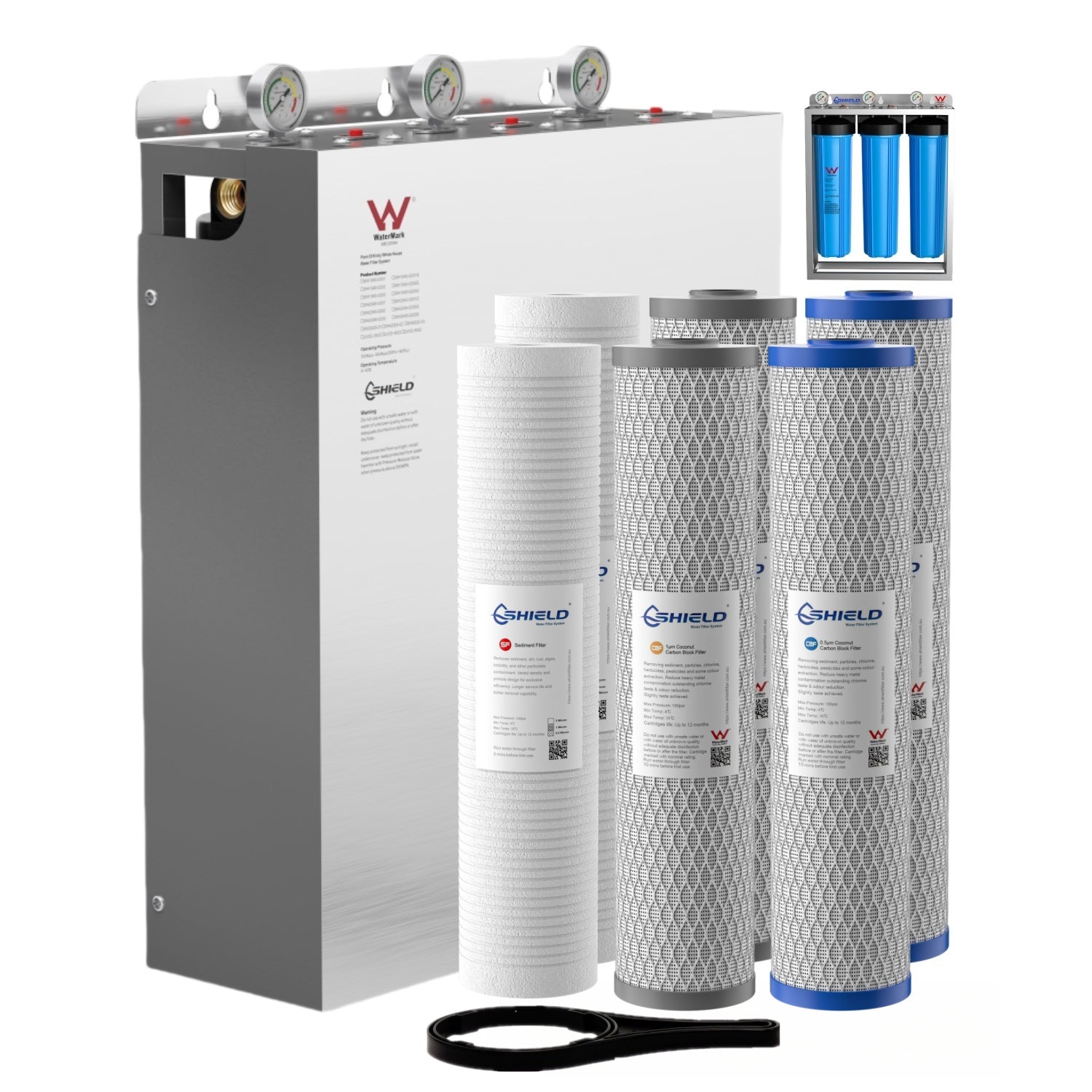 20” x 4.5” Whole House Triple Water Filter System | Free-Standing| Stainless Steel Cover | WaterMark Certified | Ideal for Heavy Chlorine Water - Shield Water Filter