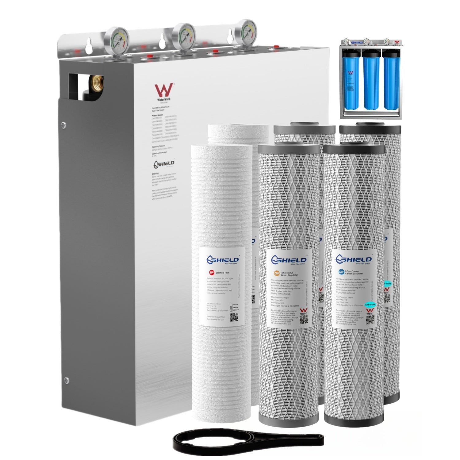 20” x 4.5” Whole House Triple Water Filter System Limescale | Free-Standing| Stainless Steel Cover | WaterMark Certified | Heavy Chlorine Hard Water - Shield Water Filter