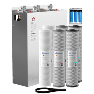 20” x 4.5” Whole House Triple Water Filter System Limescale | Free-Standing| Stainless Steel Cover | WaterMark Certified | Heavy Chlorine Hard Water - Shield Water Filter
