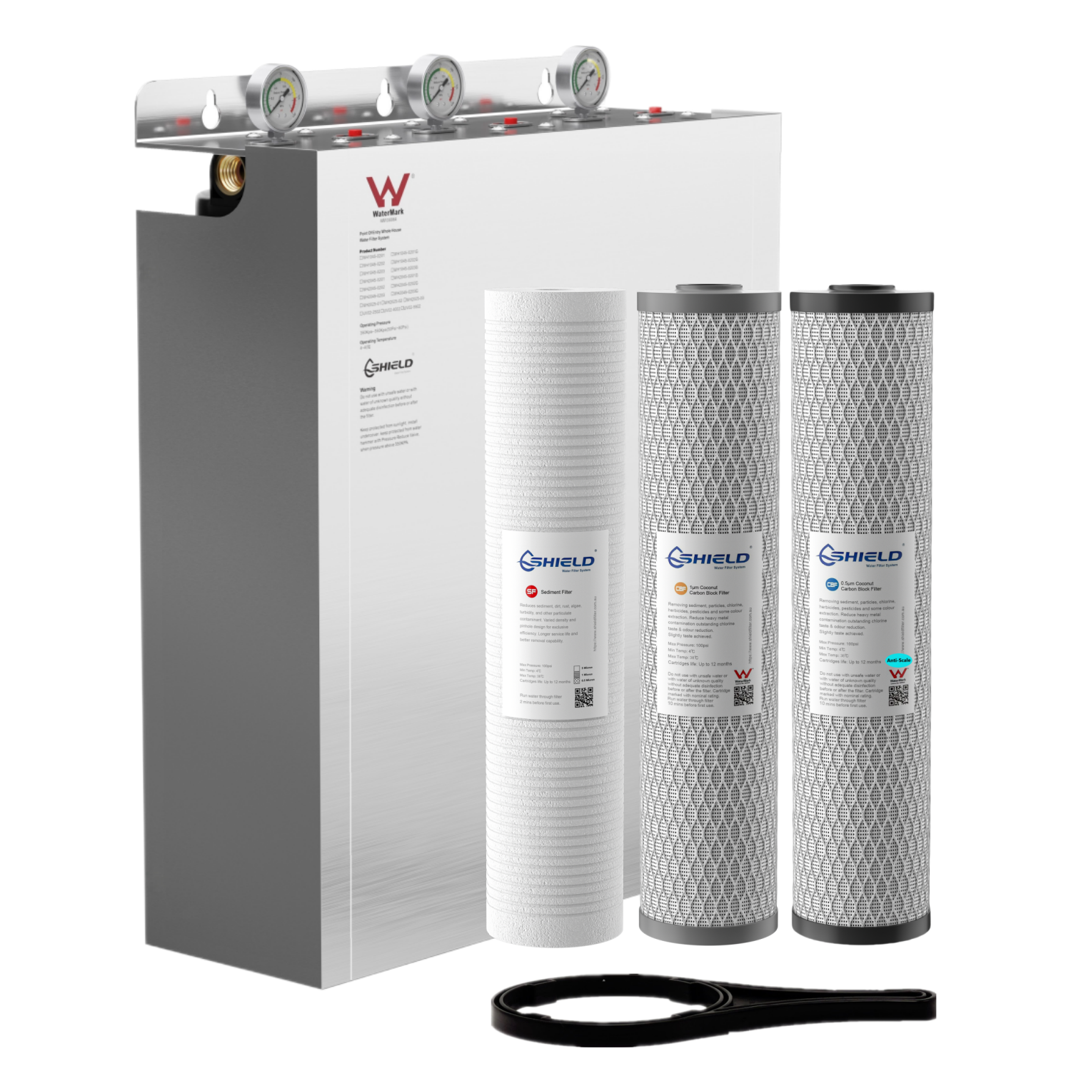 20” x 4.5” Whole House Triple Water Filter System Scale Removal Stainless Steel Cover | 3-Stage Wall Mount | WaterMark Certified | Chlorine Hard Water - Shield Water Filter
