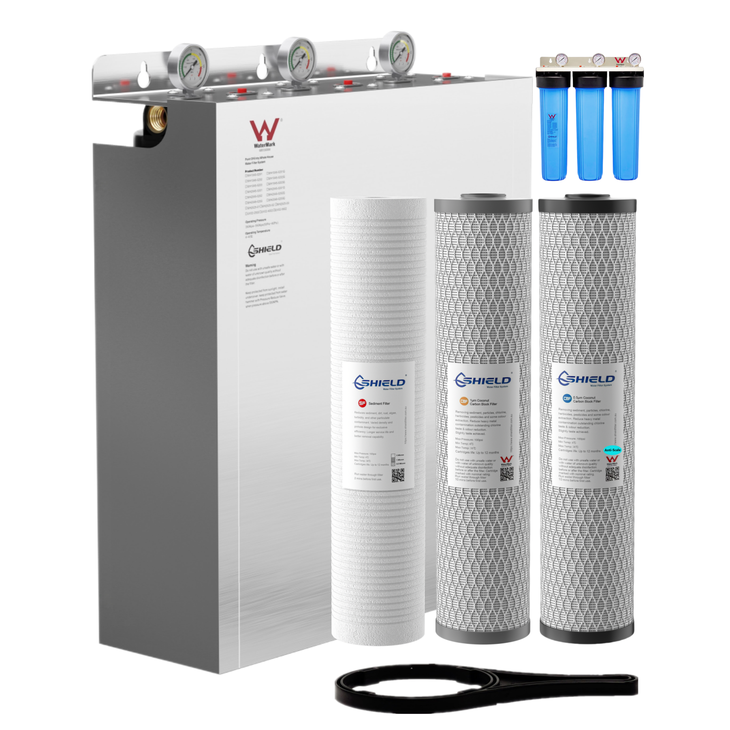 20” x 4.5” Whole House Triple Water Filter System Scale Removal Stainless Steel Cover | 3-Stage Wall Mount | WaterMark Certified | Chlorine Hard Water - Shield Water Filter