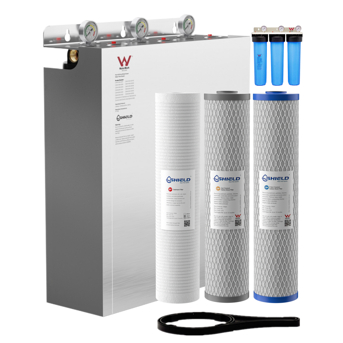 20” x 4.5” Whole House Triple Water Filter System Stainless Steel Cover | 3-Stage Wall Mount | WaterMark Certified | Ideal for Heavy Chlorine Water - Shield Water Filter
