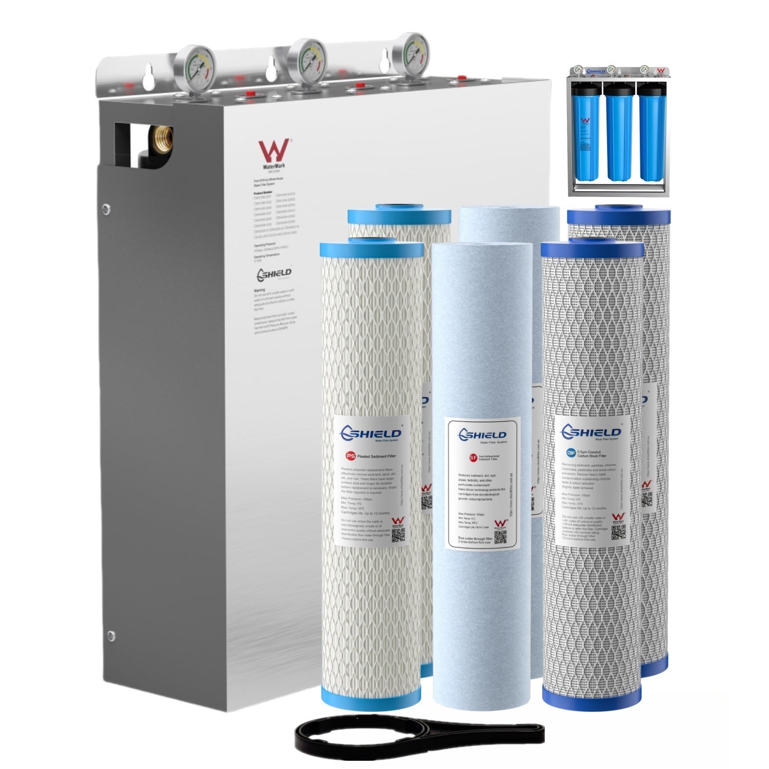 20” x 4.5” Whole House Triple Water Filter System | Stainless Steel Cover | Free-Standing | WaterMark Certified | Ideal for Town Water - Shield Water Filter