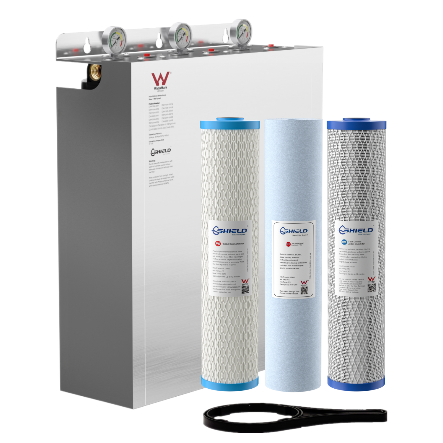 20” x 4.5” Whole House Triple Water Filter System Stainless Steel Cover UV Resistant WaterMark Certified | 3-Stage Wall Mount | Ideal for Town Water - Shield Water Filter