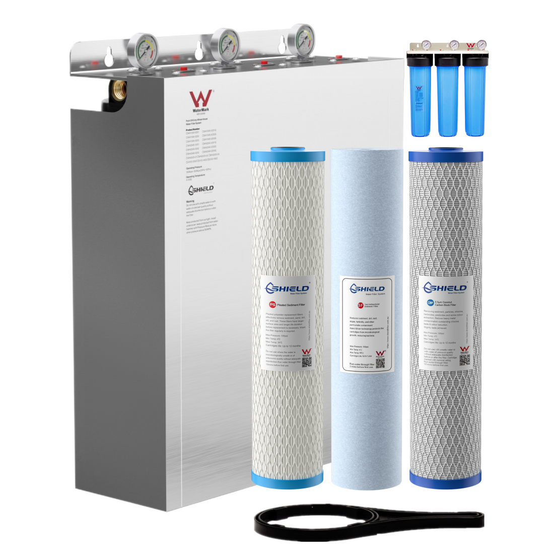 20” x 4.5” Whole House Triple Water Filter System Stainless Steel Cover UV Resistant WaterMark Certified | 3-Stage Wall Mount | Ideal for Town Water - Shield Water Filter