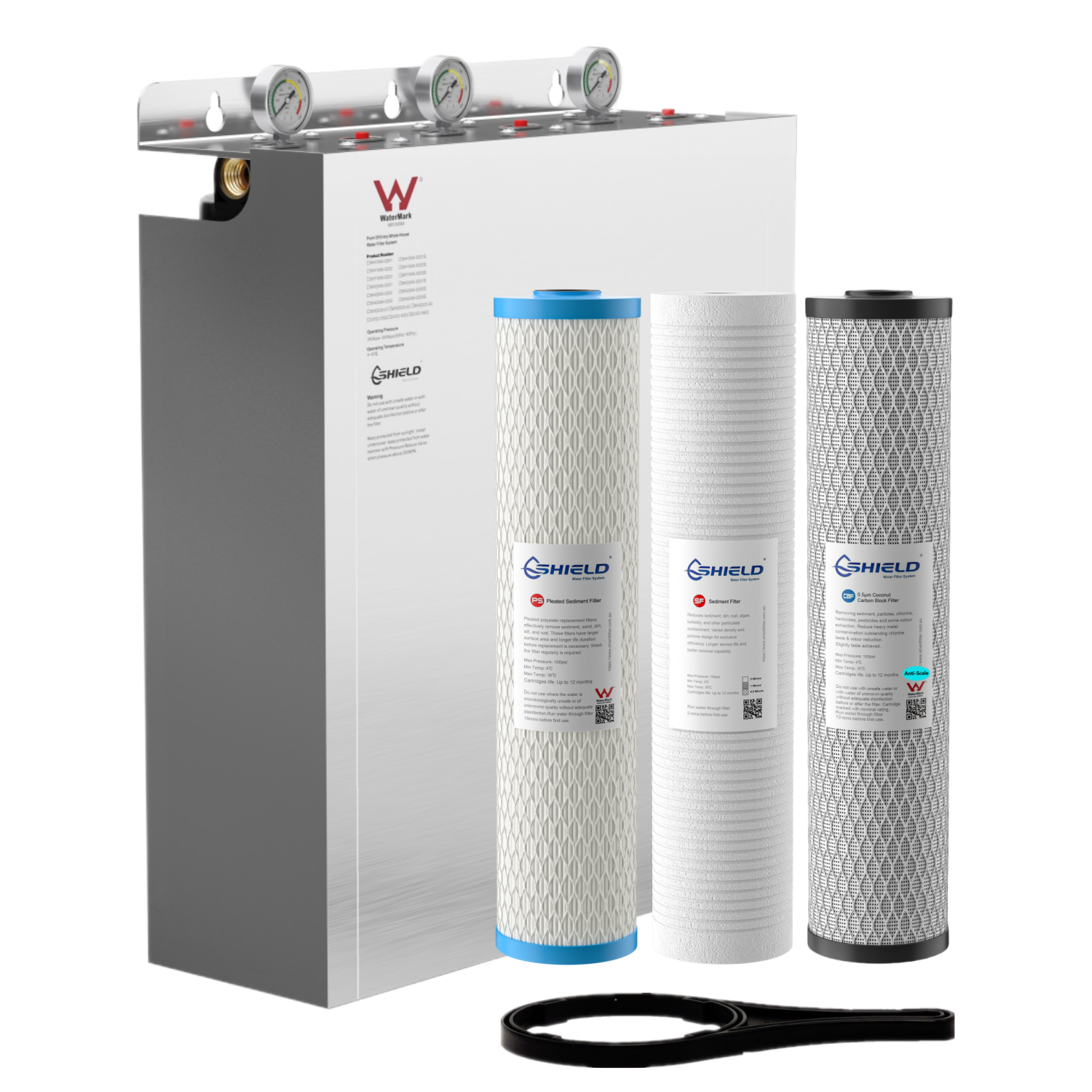 20” x 4.5” Whole House Water Filter System Scale Removal Stainless Steel Cover | 3-Stage Wall Mount | WaterMark Certified | Heavy Sediment Hard Water - Shield Water Filter