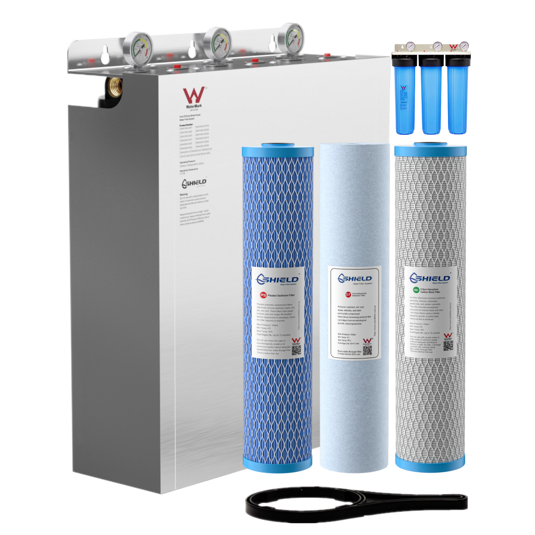 20” x 4.5” Whole House Water Filter System Stainless Steel Cover Antibacterial Cartridges | 3-Stage Wall Mount | WaterMark Certified | Tank Water - Shield Water Filter