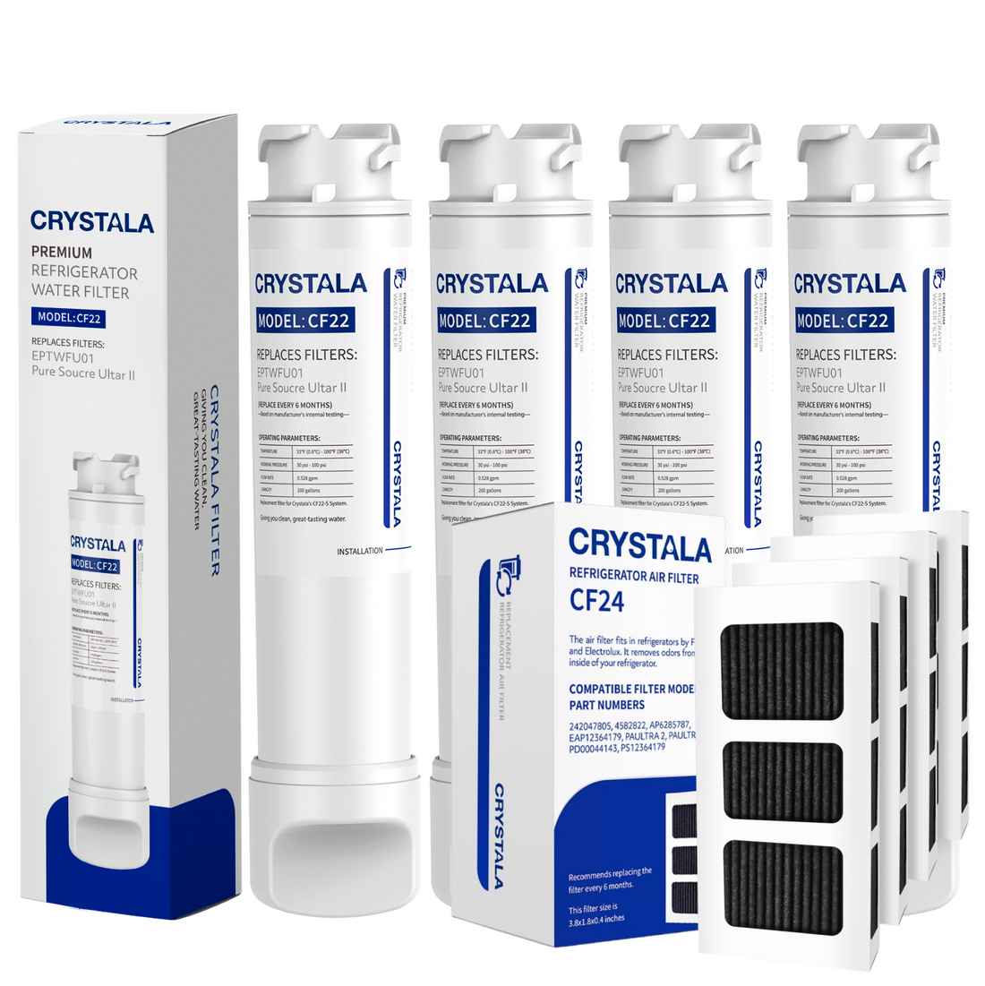 4 x Electrolux Westinghouse EPTWFU01 Fridge Water Filter + 242047806 Air Filter WQE6870BA WHE6060SA | Premium Compatible Replacement - Shield Water Filter