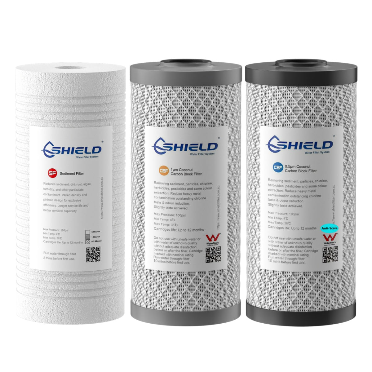 Sediment & Scale Removal Coconut Carbon Block Water Filter Cartridges | 10” x 4.5” Universal Replacement for 3-Stage Whole House Systems - Shield Water Filter