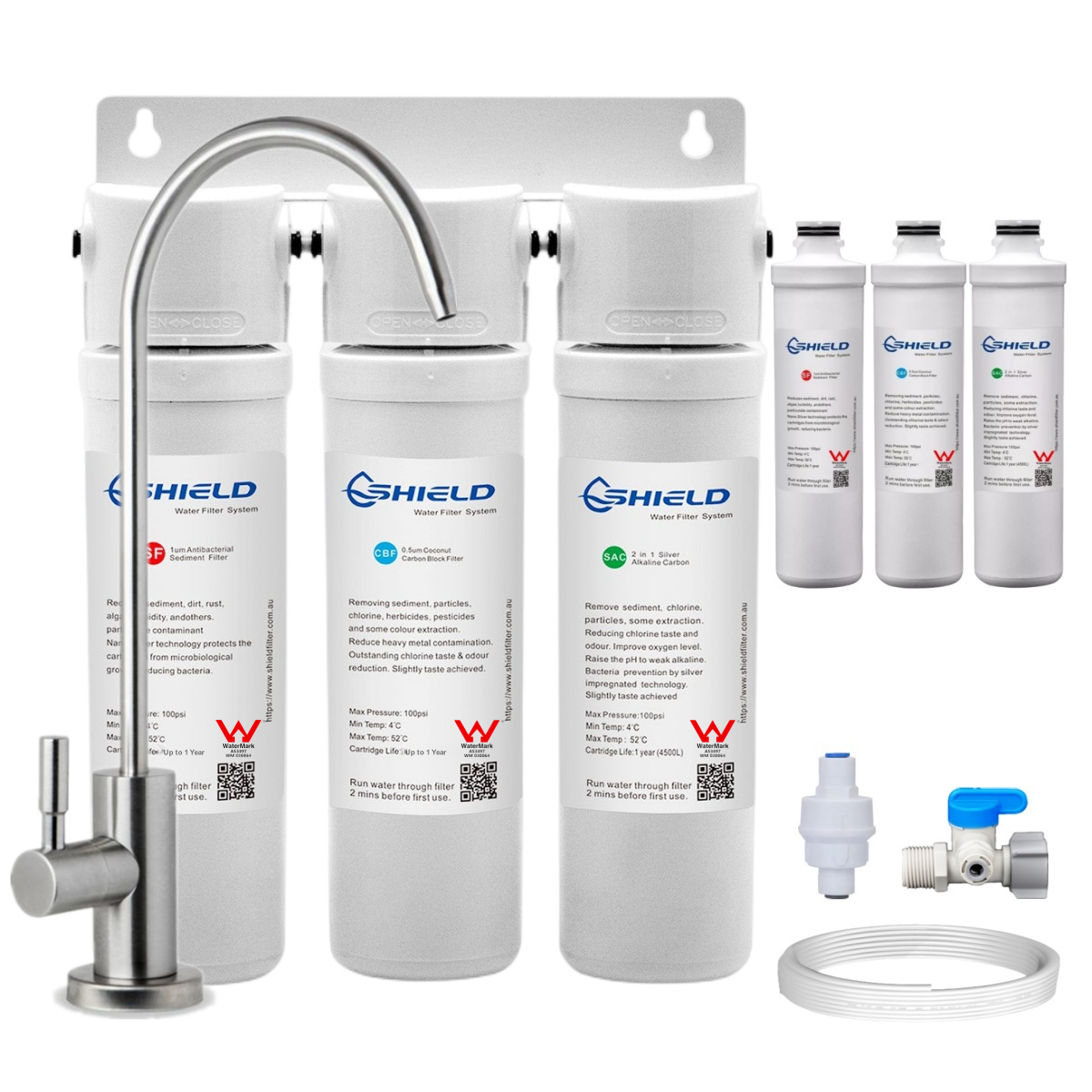 Undersink Alkaline Triple Water Filter System + Extra Cartridges | 3-Stage Quick Change | Australian Standard WaterMark Certified - Shield Water Filter