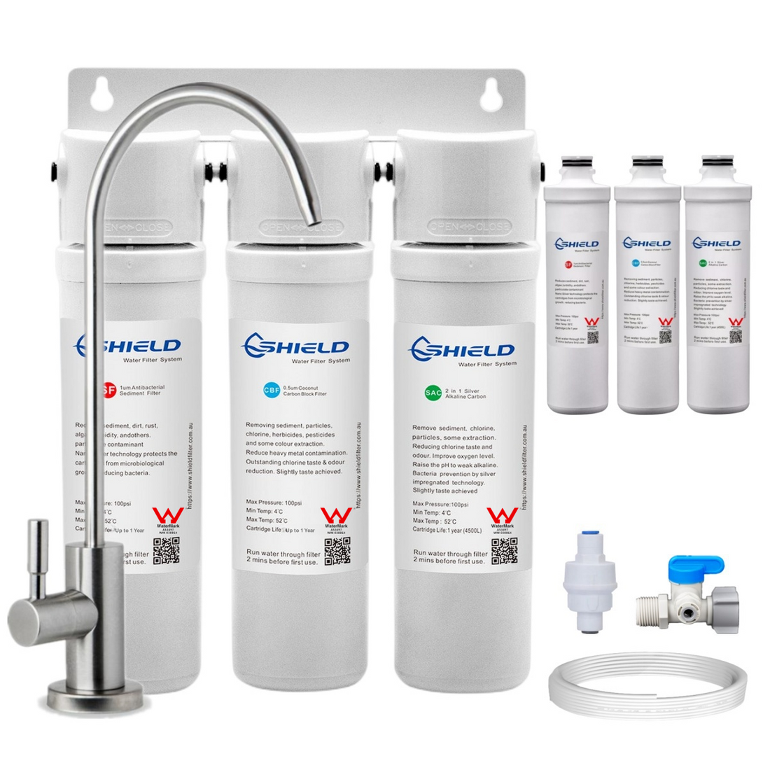 Undersink Alkaline Triple Water Filter System + Extra Cartridges | 3-Stage Quick Change | Australian Standard WaterMark Certified - Shield Water Filter