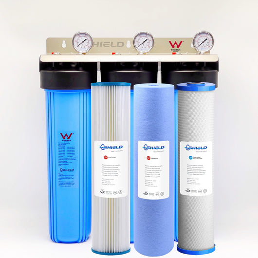 Whole House Water Filter System 20'' x 4.5'' Triple Big Blue 3 Stages + Gauge - Shield Water Filter